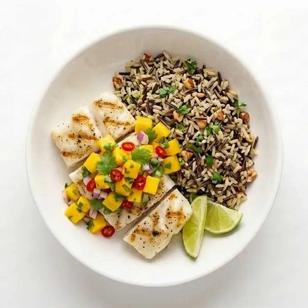 Spicy Mango Grilled Fish with Wild Rice Pilaf & Lime